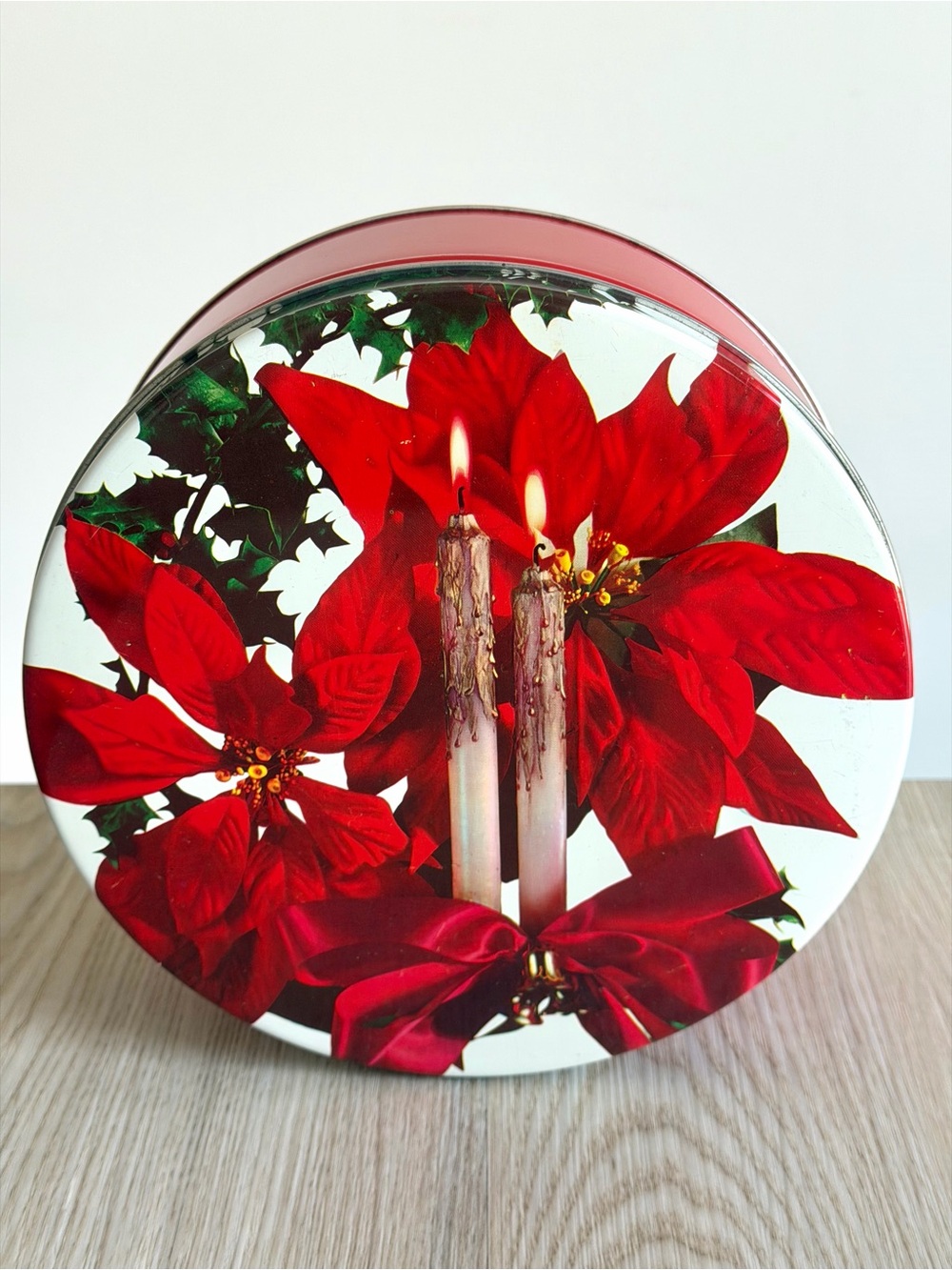 Vintage Decorative Tin Christmas Holiday Poinsettia Red Round Storage Container
